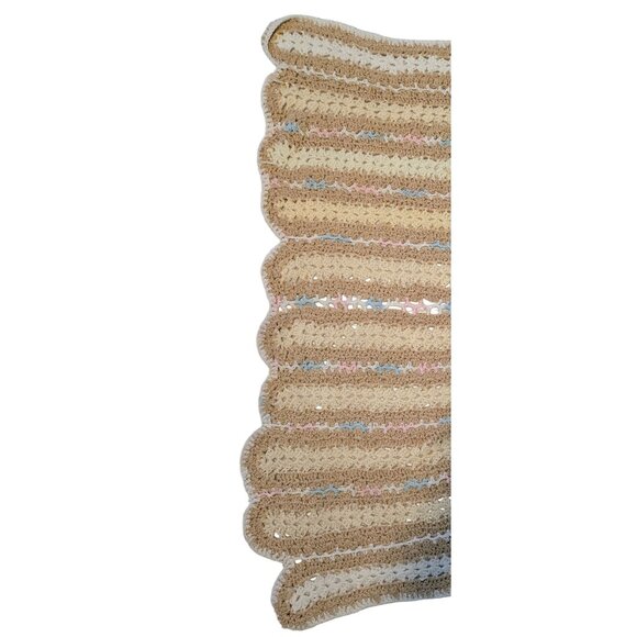 VTG Handmade Crochet Baby Blanket Pastel Pink, Blue, Beige & Scalloped Edges - Picture 8 of 10